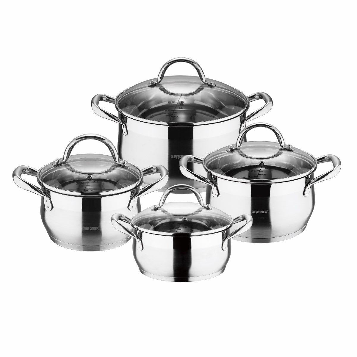 Bergner Gourmet Stainless Steel Cookware Set Four Pans with Lids Induction Compatible.